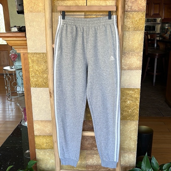Adidas 3 Stripes Heather Grey/White Fleece Sweatpants With Pockets, Size XL - Picture 4 of 12